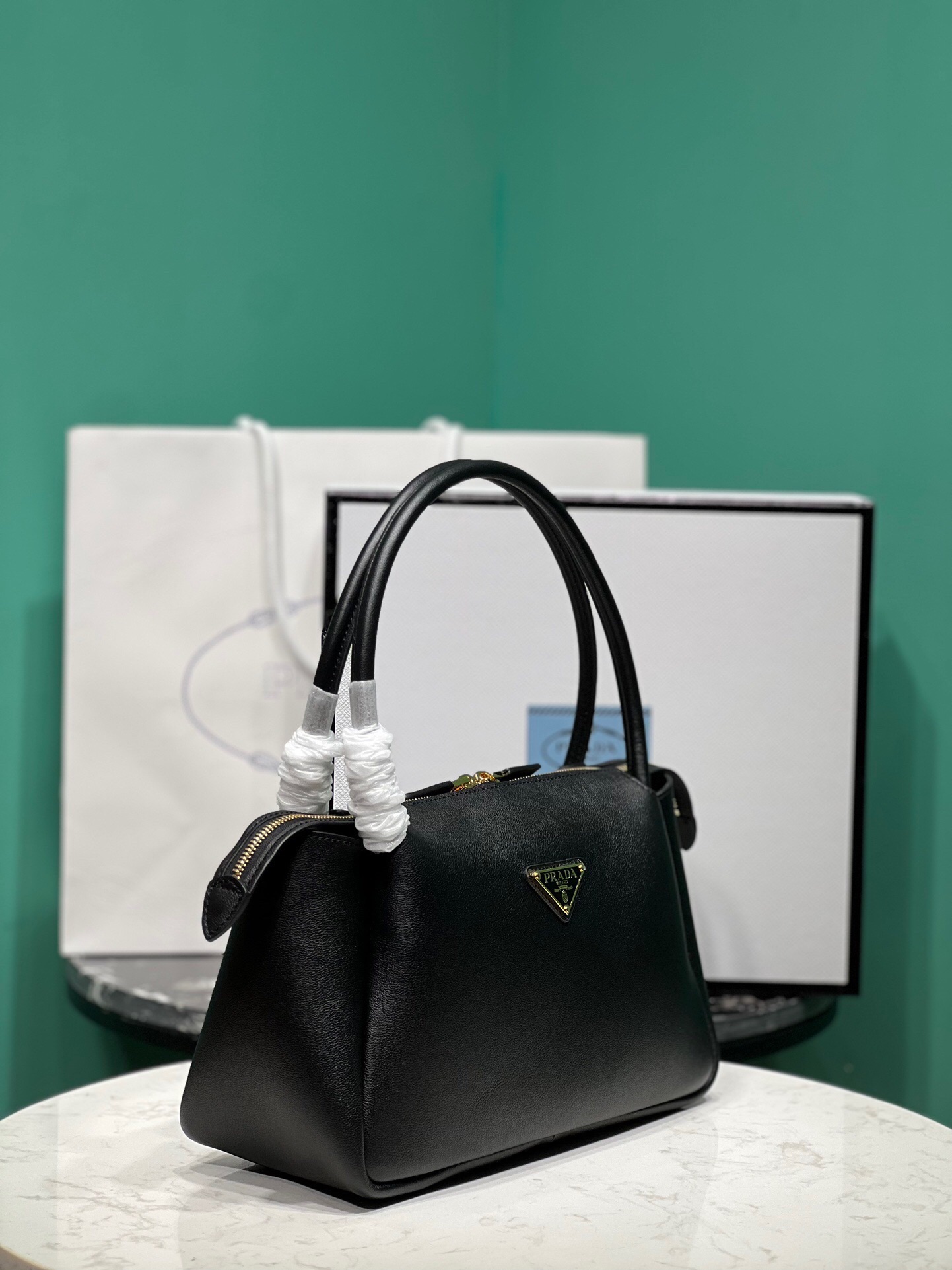 Prada Medium Leather Handbag Tote Bag Shoulder Bag Black 1BA444  